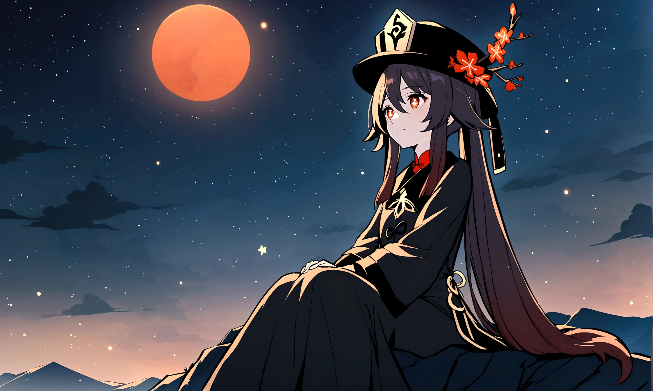 Chill, Landscape, Stars, on the mountain. Girl who's look like Hu tao from Genshin Impact Game, looking at the sky while she's sitting. Night, Shining.

