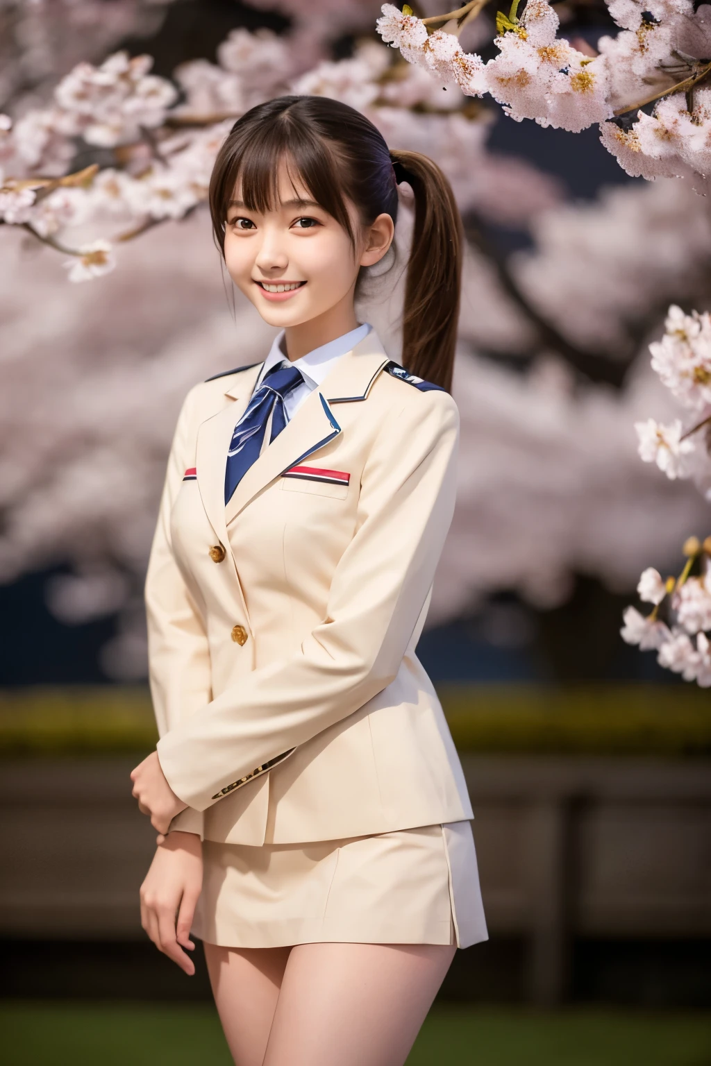 Thin woman, 17 year old slender size model,smile,a healthy woman,high school girl,smile,Brown sailor suit,uniform,Slender body,Twin tails fluttering in the wind ,bangs , Bold Pose,thigh , Realistic, high quality 8k, perfection, Best image quality,Cherry Blossoms at Night