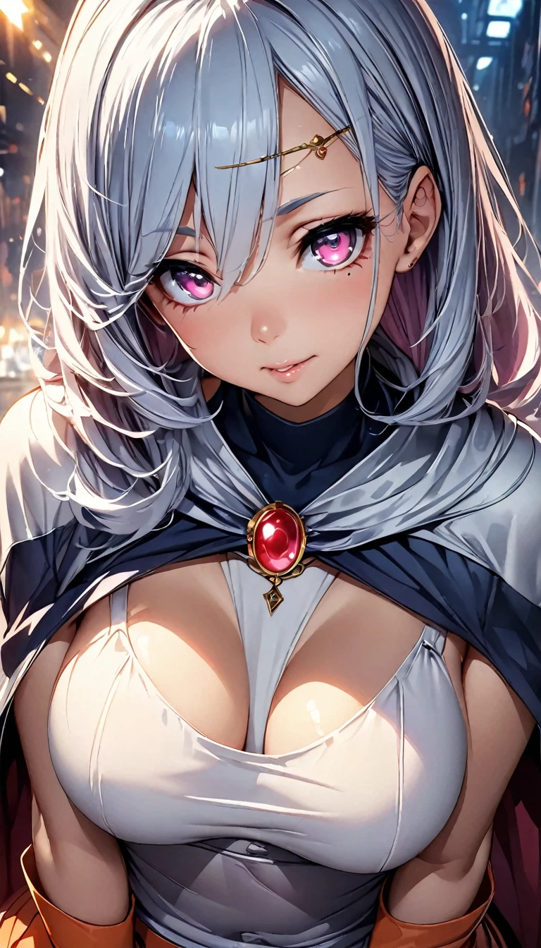 (Perfect Anatomy)、Mastepiece、Ultra High Quality、 8K、masterpiece、Highest quality、Ultra-high resolution、Maximum resolution、Very detailed、Professional Lighting、anime、woman、thin、so beautiful、Highly detailed eye、Highly detailed face、Light blue hair,、Pink eyes、Mid-chest, DQⅢ、sage、White bodycon、mini skirt、Blue turtleneck cape、Long orange boots、Orange long gloves、A circlet with a red round gemstone