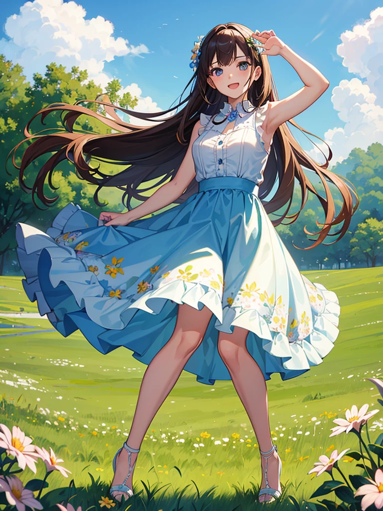 masterpiece, high-quality, a beautiful young woman having fun in a wide grassland, wearing a floral sleeveless top, wearing a flowy knee-length skirt, the background is a sunny meadow, perfect face, perfect hands