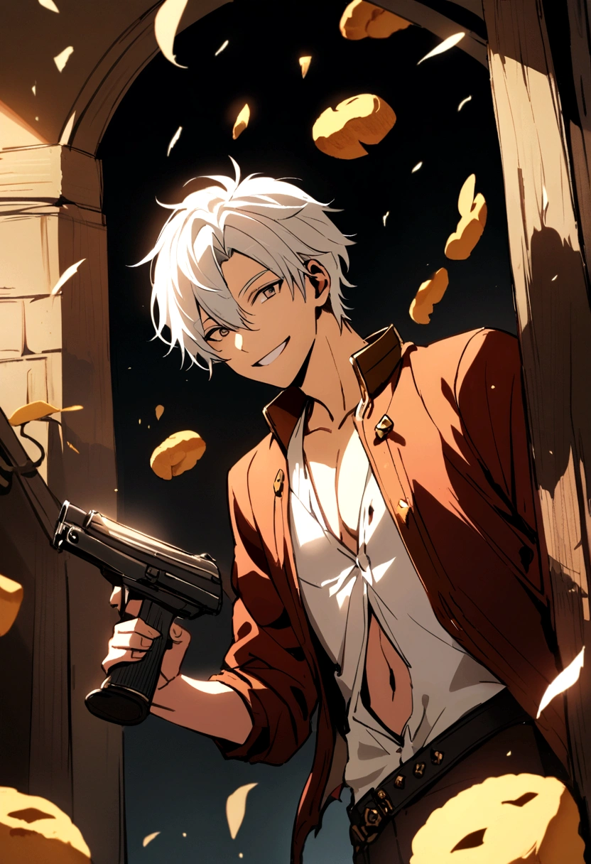 a male character with short white hair wearing half-open clothes and visible torn bread is smiling and holding a gun
