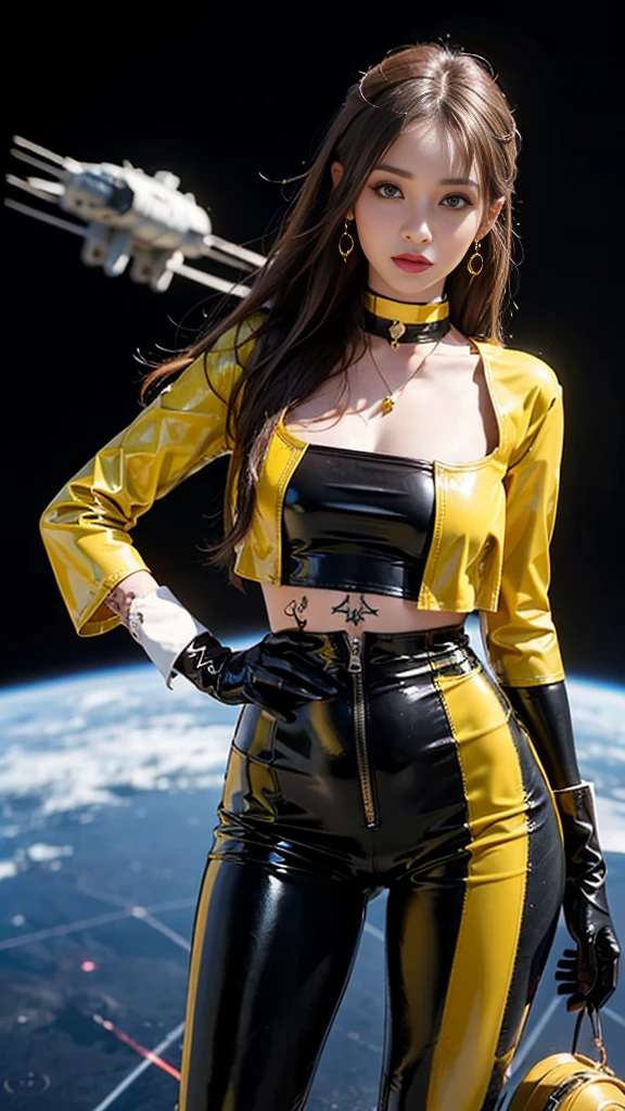 ((masterpiece:1.4)、(Highest quality:1.4)、(Realistic:1.7))、Masterpiece:1.4、(Top-notch rendering:1.4)、(Yuki, the beautiful navigator of the Space Battleship Hikari:1.4)、Super Beauty航海士Yuki、(By Luis Royo:1.4)、(A uniform that accentuates your beautiful figure:1.2)、(Futuristic sci-fi battle fashion:1.2)、(Street Style Wear)、(Tight Fit Pants)、(Shiny luxury latex:1.4)、(Luxury yellow latex:1.4)、19 years old、(Cute Tattoos:1.4)、(Wearing yellow gloves)、Cute Girl、Super Beauty、(Seductive pose)、Sharp Focus、Portrait Photography:1.4、8K、Photorealistic images:1.4、(Perfect female body:1.4)、Perfect proportions、(Standing:1.4)、(Upper body shot:1.4)、Beautiful Face、Fearless look、Beautiful Eyes、(A girl with a beautiful body and slender abdominal muscles)、(Narrow waist:1.4)、(9-body proportions beautiful girl:1.4)、(A beautiful girl with long legs and a good figure:1.4)、Beautiful feet:1.2、(Long Hair:1.2)、Heavy makeup、Eyeshadow、Glow Eye、Glow Lip、Beautiful breasts、Large Breasts:1.2、sexy ass、(Standing facing forward:1.4)、Raw photo、Red lips、Yellow high heels:1.4、choker:1.4、necklace:1.4、Earrings:1.4、1 Screen Display:1.4、Space Battleship Hikari&#39;s bridge:1.2