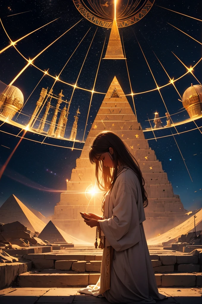 create an image of a person praying in control of many things around them, pyramid, brain, energy rays and stars