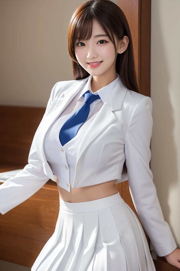 masterpiece, Highest quality, Super detailed, One girl, Alice, White jacket, White shirt, Blue tie, Pleated skirt, Hello, indoor, Smile Big breasts are about to burst her clothes
