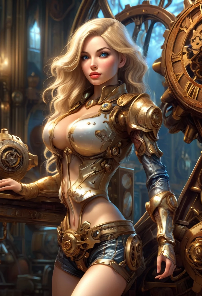 extremely beautiful, female clockwork cyborg, long blonde hair, perky breasts, cleavage, arms and legs made of wood, with exsposed clockwork gears, Wide Smile, Eyes Detailed & Wide, sexy Pose. Ultra HD, Rococo-Inspired Fantasy Art With Intricate Details. Cute, Charming Expression, Alluring-Gaze, looking at viewer Beautiful Eyes, An-Ideal-Figure. Large Youthful Well-Shaped-Breasts, . Massive-Round-Bosom, Décolletage. slim waist, fit body, full lipsWarm lights, sexy shots, attractive poses,Stunnin gly beautiful merge of , Alison Brie, Scarlett Johanson, Dove Cameron. symmetrical face, photorealistic, photography, path tracing, specular lighting, volumetric face light, path traced hairmaximum quality{(masutepiece) (8K High Resolution) (top-quality)