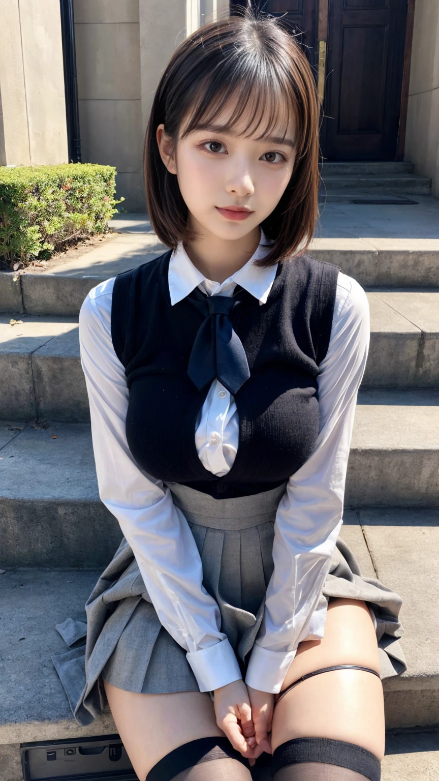 (8K, RAW Photos, Highest quality, masterpiece:1.2), masterpiece, super detailed, super high quality, (Realistic and photorealistic photography:1. 37), High-resolution RAW color photos, Very delicate and beautiful, highly detailed, 8k wallpaper, wonderful, detailed, Very eye, very detailed, very detailed skin, very thin fingers, very detailed nose, very detailed mouth, Perfect Anatomy, BREAK,18 year old girl, moped, short hair, emphasize breasts, huge breasts, colossal tits, very huge round breasts, beauty legs, (Spread your legs:1.2), (Open your legs:1.2), Hands between legs, (perfect body shape:1.1), Big Natural Color Lip, cute type, lolita, (Details High quality, realistic depiction of eyes:1.3), Beautiful makeup, glitter makeup, BREAK, skirt, socks, black socks, pleated skirt, kneehighs, white shirt, blue necktie, long sleeves, vest, collared shirt, BREAK, (sitting on a step:1.2), bold sexy pose