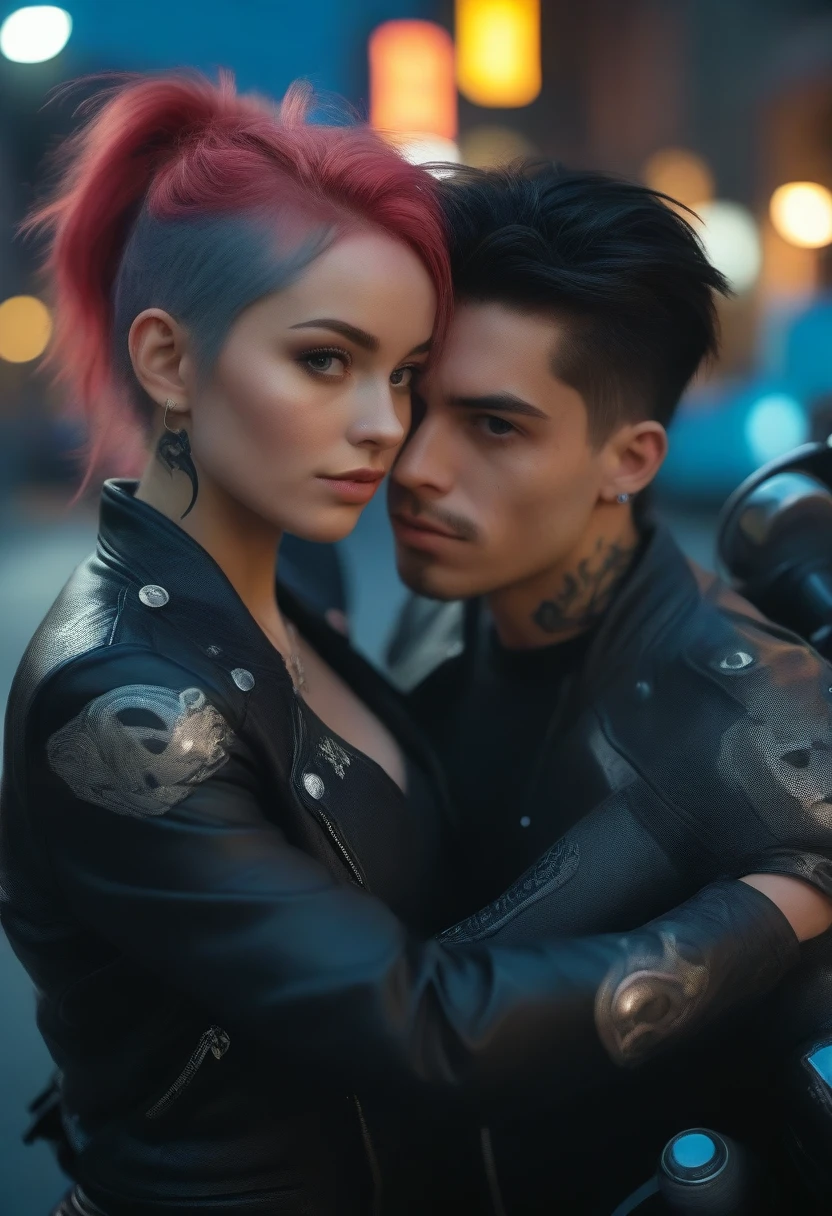 8 k, Best quality, masterpiece, Ultra high resolution, (Realism: 1.4), original photo, (realistic skin texture: 1.3), (Granularity: 1.3),  girl and guy dark style punks couple in love couple on a motorcycle facial details, masterpiece, Best quality, look at the viewer at night