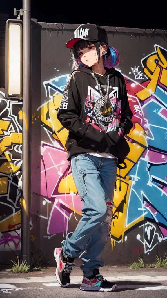 (((graffiti:1.4))),(background blurring:1.2),shibuya at night,(night_sky:1.4),(masterpiece,best quality:1.2),(8k),shiny skin,detailed skin,detailed face,detailed eyes,(wet road surface:1.3),1girl,(hip hop dancer:1.4),beautiful face,(Cinematic Lighting:1.3),((night:1.4)),straight_hair,(depth of field:1.2),(looking_to_the_side:1.2),looking_afar,medium breasts BREAK
(((hip-hop girl:1.3))),BREAK
((Hip Hop Fashion)),(graffiti wall:1.3),(use of colorful colors:1.3),half pants,クローズアップ