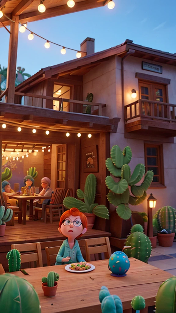 make a featured character in the center of the illustration from the film Inside Out 2, in style ((Disney pixar)) with the characters, they socialize on an outdoor balcony in a rustic restaurant, eating roast picanha, decorated with lots of cacti, make a character different from the others