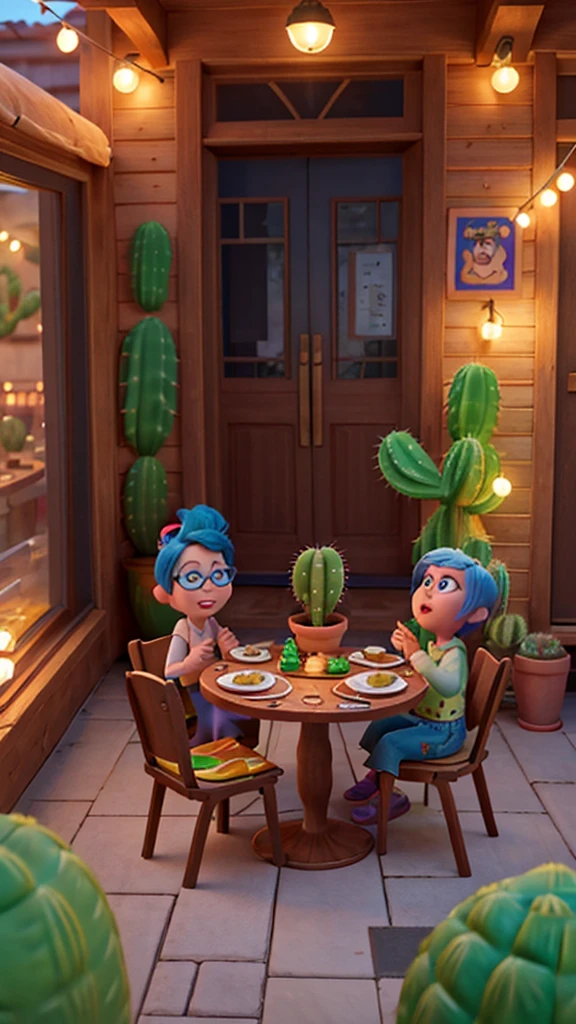 make a featured character in the center of the illustration from the film Inside Out 2, in style ((Disney pixar)) with the characters, they socialize on an outdoor balcony in a rustic restaurant, eating roast picanha, decorated with lots of cacti, make a character different from the others