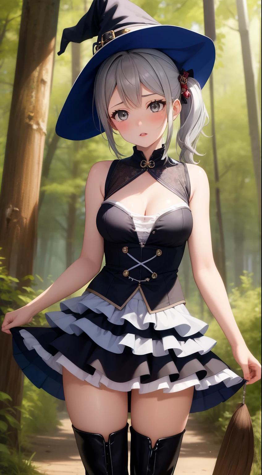 masterpiece, best quality, highly detailed, ultra high res, ayase arisa, 1girl, solo, hair ornament, short ash grey hair, side ponytail, glossy lips, sleeveless halter-top witch dress, witch dress, medium breasts, standing, thigh boots, forest, puffy skirt, layered skirt, tiered skirt