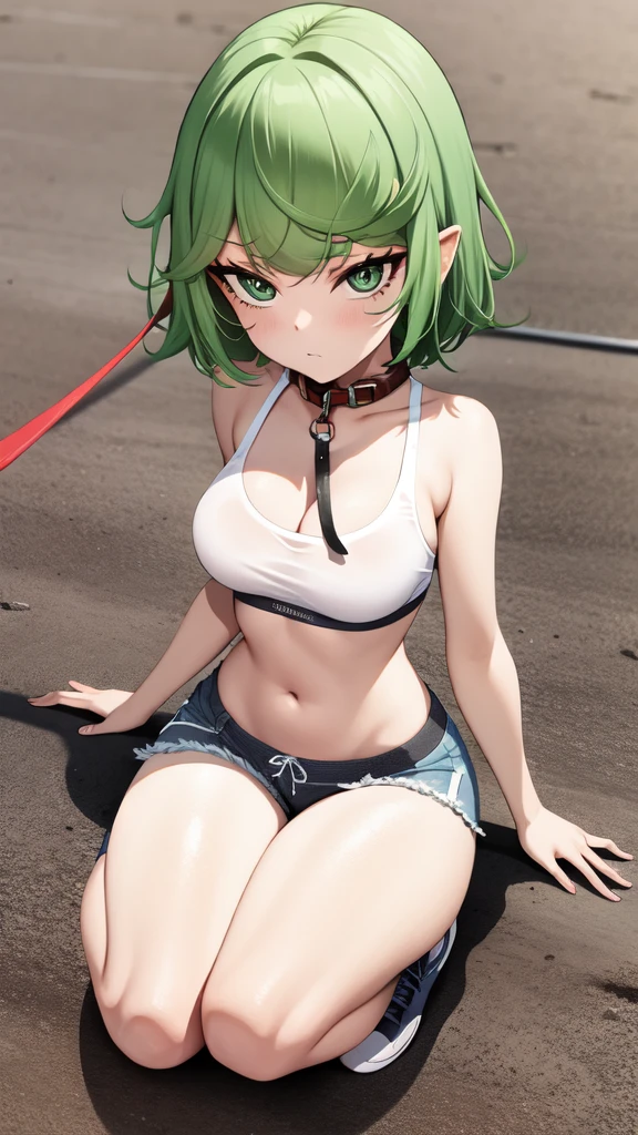 green hair,green eyes,crawl,kneel,(leash) in tight blue dolphin shorts and a blue sports bra