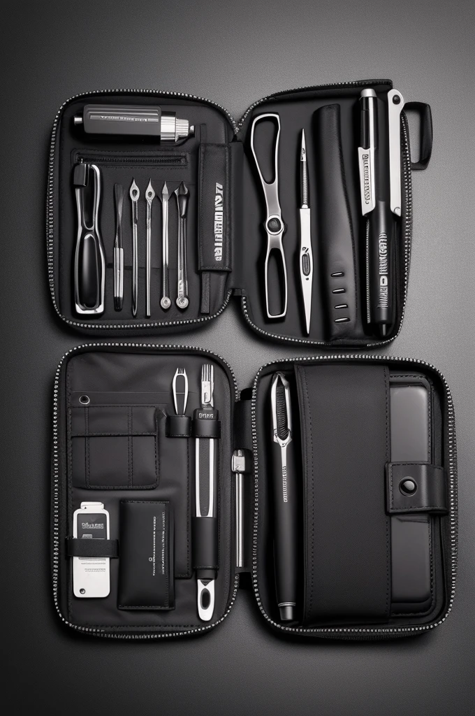 Black and white tattoo design with an iron case for the following tools: saw arc, screwdriver, wrench, chave Philips, chave allen, saw arc, plumw, level, square