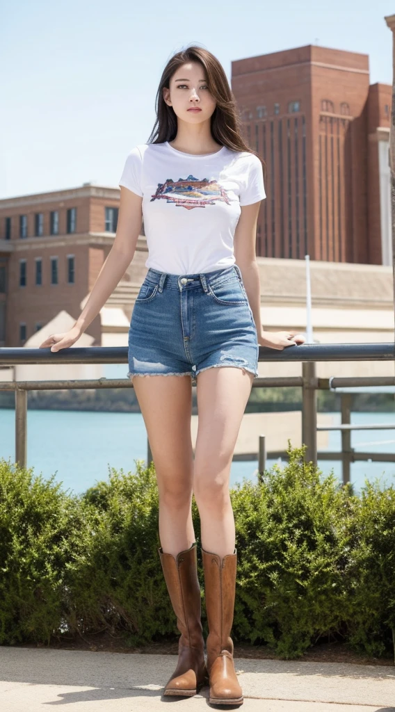 Masterpiece,High quality,high resolution,Wear a Kansas t-shirt., Denim shorts and white cowboy boots.,Background of the city,female warrior,sword in right hand,Girl with long hair,full body view,Perfect arms,perfect legs,Perfect beautiful skin,perfect standing posture