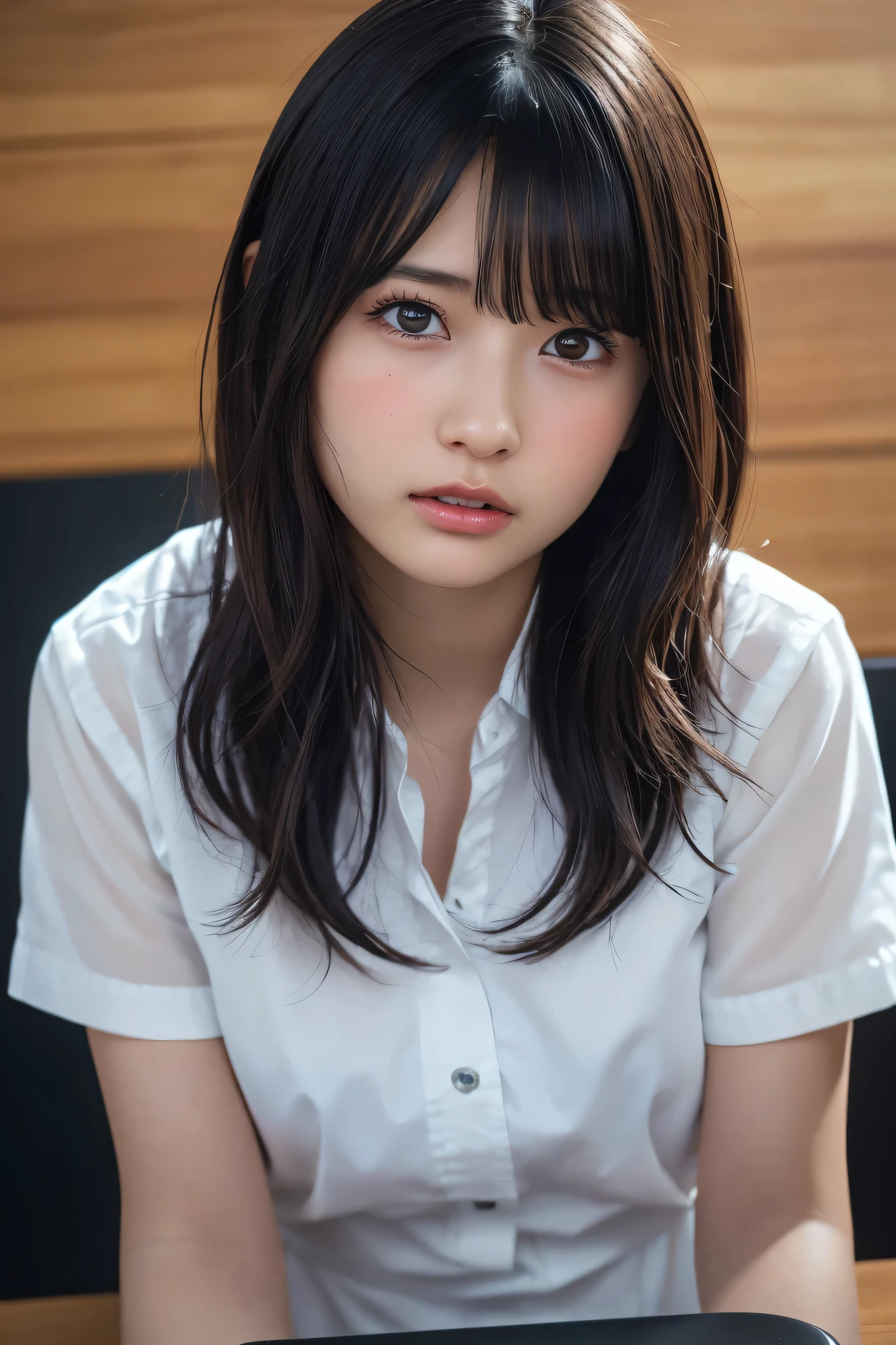 ((Upper Body:1.3)).Blown by the long wind [Blue-black:.3] hair,Looking at the audience, (Tabletop:1.3), (8K, Realistic, RAW Photos, Highest quality: 1.4), Japanese, (1 Girl), Beautiful Face, (Realistic face),{Wavy medium hair|Front hair long bob|short hair with long bangs}{Black hair|Brown hair|Blonde hair}, Beautiful hairstyle, Realistic eyes, Beautiful and beautiful eyes, (Realistic skin), Beautiful Skin, charm, Ultra-high resolution, Surreal, Very detailed, Golden Ratio,Female student peeing in the toilet、shame(Blushing:1.3)