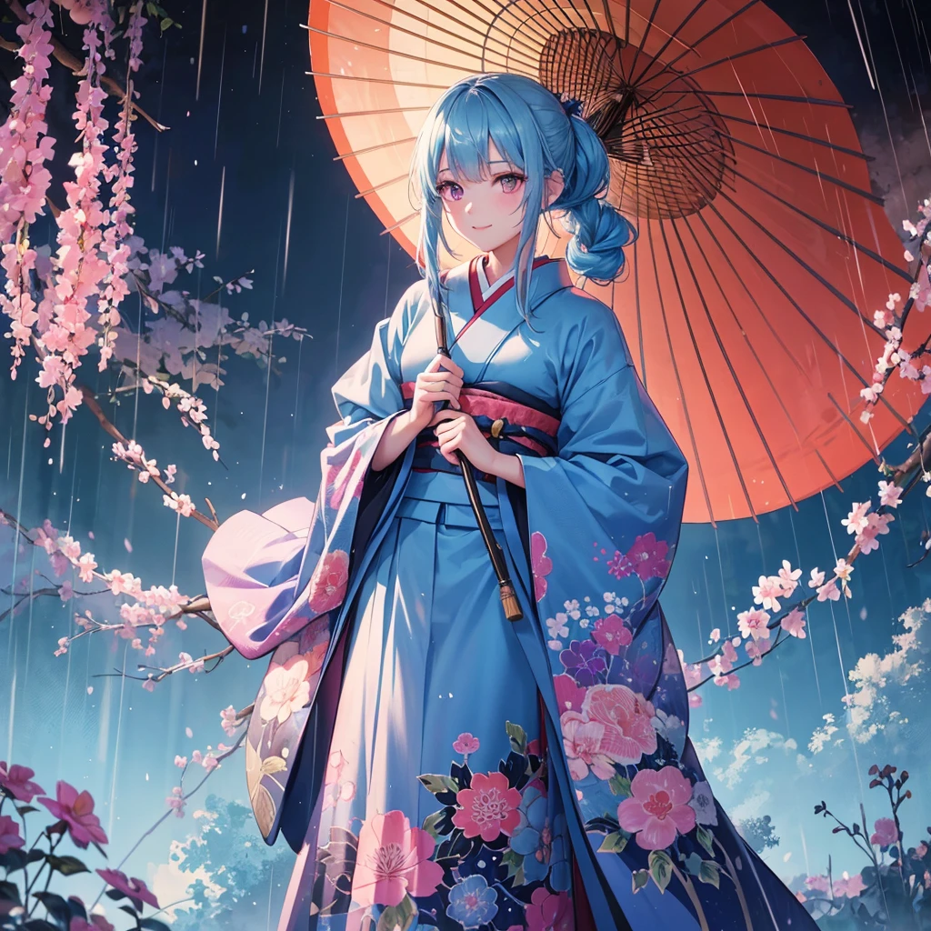 sky Blue hair, (braided ponytail),(pink eyes),fair skin ,(full body),(1 girl),smile,Straight Bangs,(masterpiece, best quality, ultra-detailed, best shadow), (detailed background), (beautiful detailed face), high contrast, (best illumination, an extremely delicate and beautiful), ((cinematic light)), colorful, hyper detail, dramatic light, intricate details,rain shower,kyoto,Japanese Umbrella,kimono,