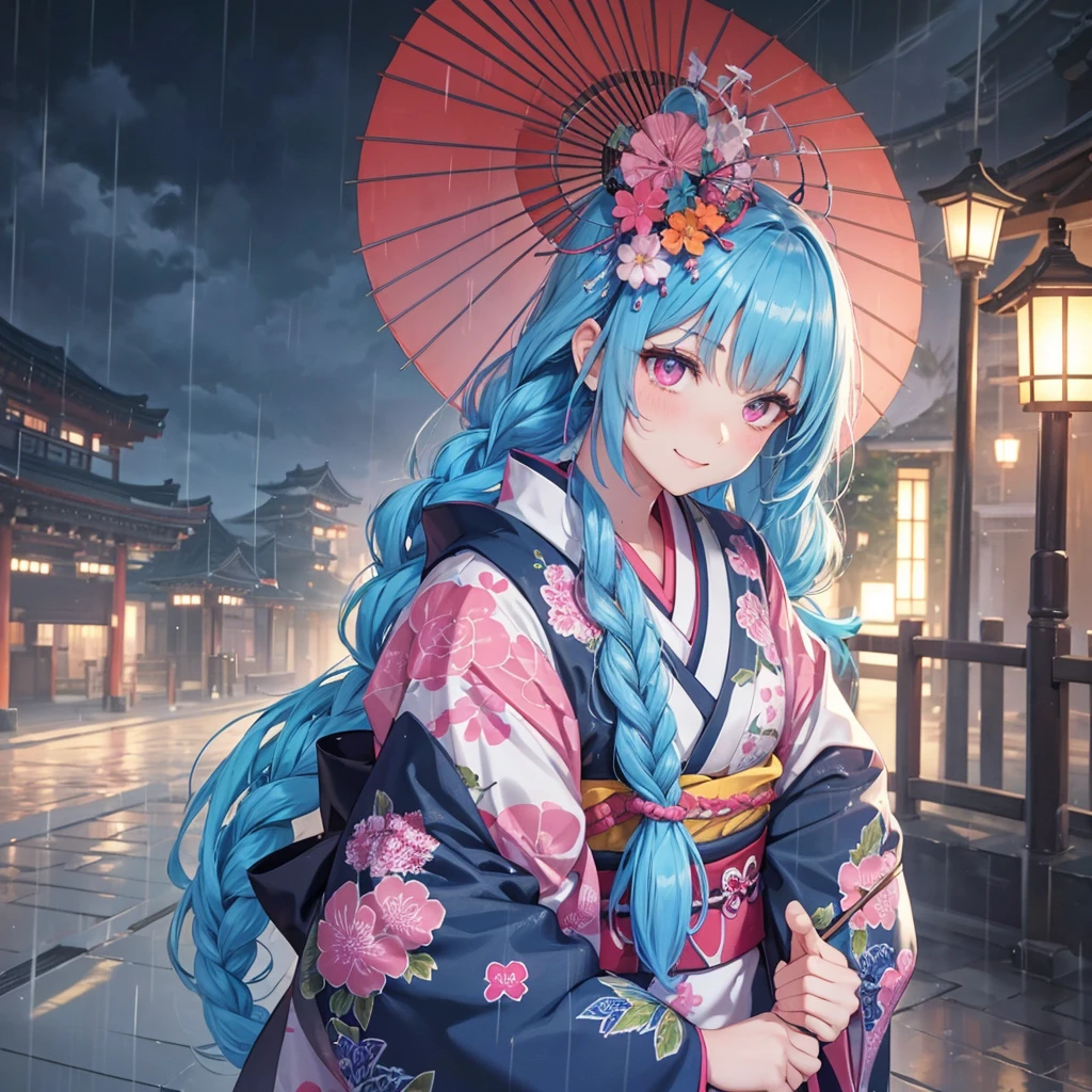 sky Blue hair, (braided ponytail),(pink eyes),fair skin ,(full body),(1 girl),smile,Straight Bangs,(masterpiece, best quality, ultra-detailed, best shadow), (detailed background), (beautiful detailed face), high contrast, (best illumination, an extremely delicate and beautiful), ((cinematic light)), colorful, hyper detail, dramatic light, intricate details,rain shower,kyoto,Japanese Umbrella,kimono,