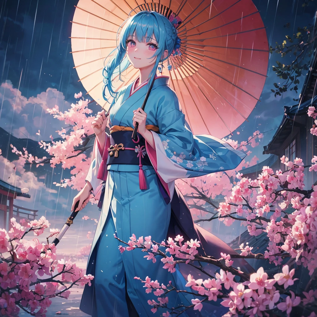 sky Blue hair, (braided ponytail),(pink eyes),fair skin ,(full body),(1 girl),smile,Straight Bangs,(masterpiece, best quality, ultra-detailed, best shadow), (detailed background), (beautiful detailed face), high contrast, (best illumination, an extremely delicate and beautiful), ((cinematic light)), colorful, hyper detail, dramatic light, intricate details,rain shower,kyoto,Japanese Umbrella,kimono,