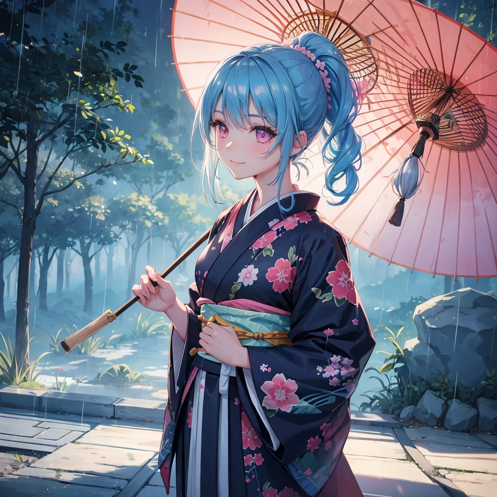 sky Blue hair, (braided ponytail),(pink eyes),fair skin ,(full body),(1 girl),smile,Straight Bangs,(masterpiece, best quality, ultra-detailed, best shadow), (detailed background), (beautiful detailed face), high contrast, (best illumination, an extremely delicate and beautiful), ((cinematic light)), colorful, hyper detail, dramatic light, intricate details,rain shower,kyoto,Japanese Umbrella,kimono,