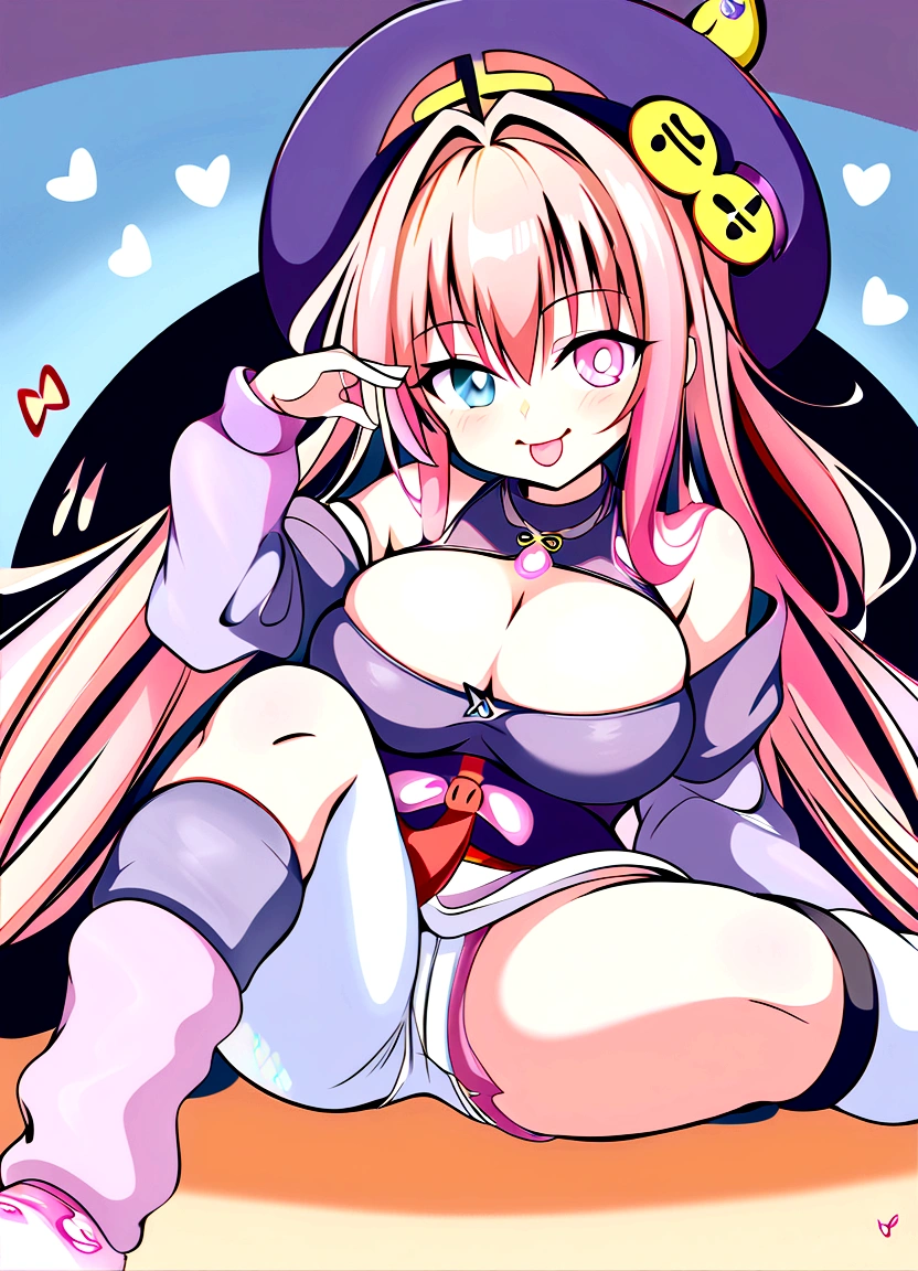 To Love-Ru、Purple off-the-shoulder mini skirt dress、Pink Hair、Big Breasts、White pants、Light purple loose socks