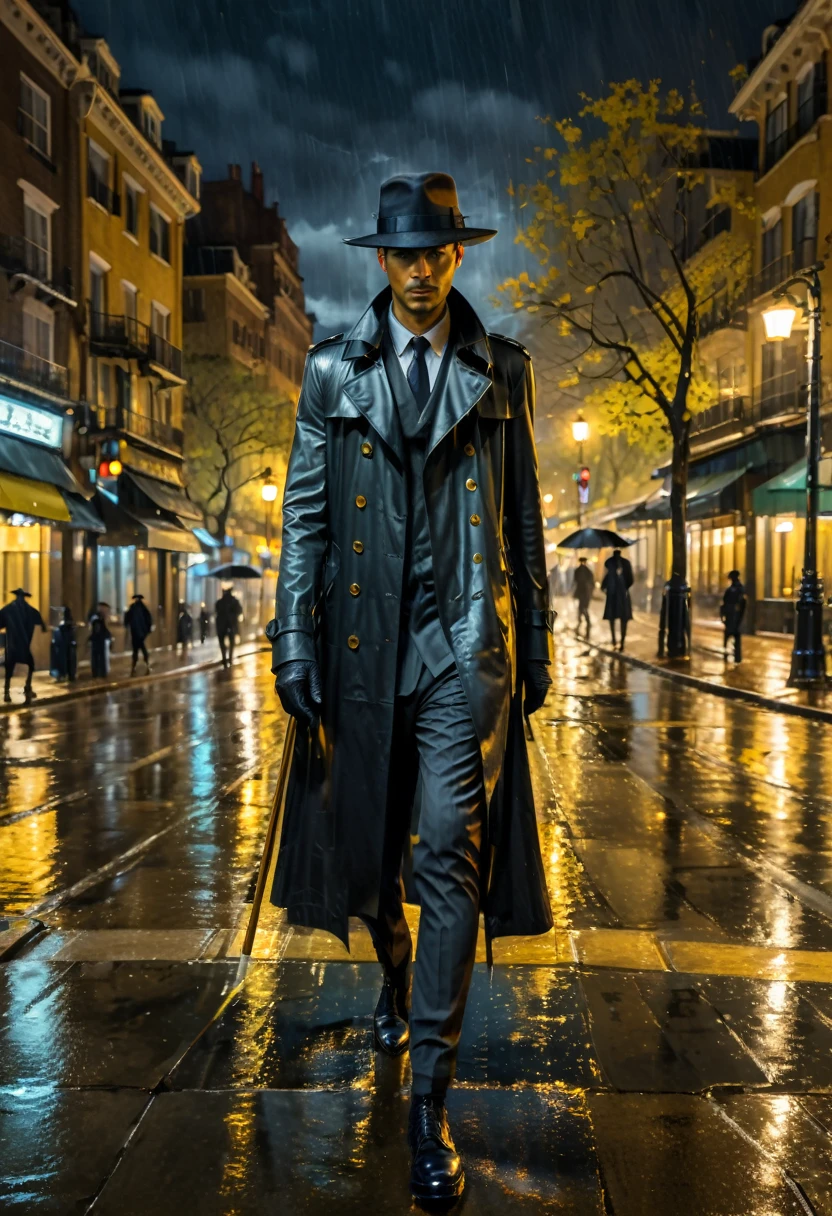 (Black Trench Coat), under dim yellow street lights, a figure wearing a black trench coat and a wide brimmed hat is walking on the street, with long water marks dragged out by the rain below. The background is a city street in the late night, (Photography), panoramic view, award-winning, cinematic still, emotional, vignette, dynamic, vivid, (masterpiece, best quality, Professional, perfect composition, very aesthetic, absurdres, ultra-detailed, intricate details:1.3)