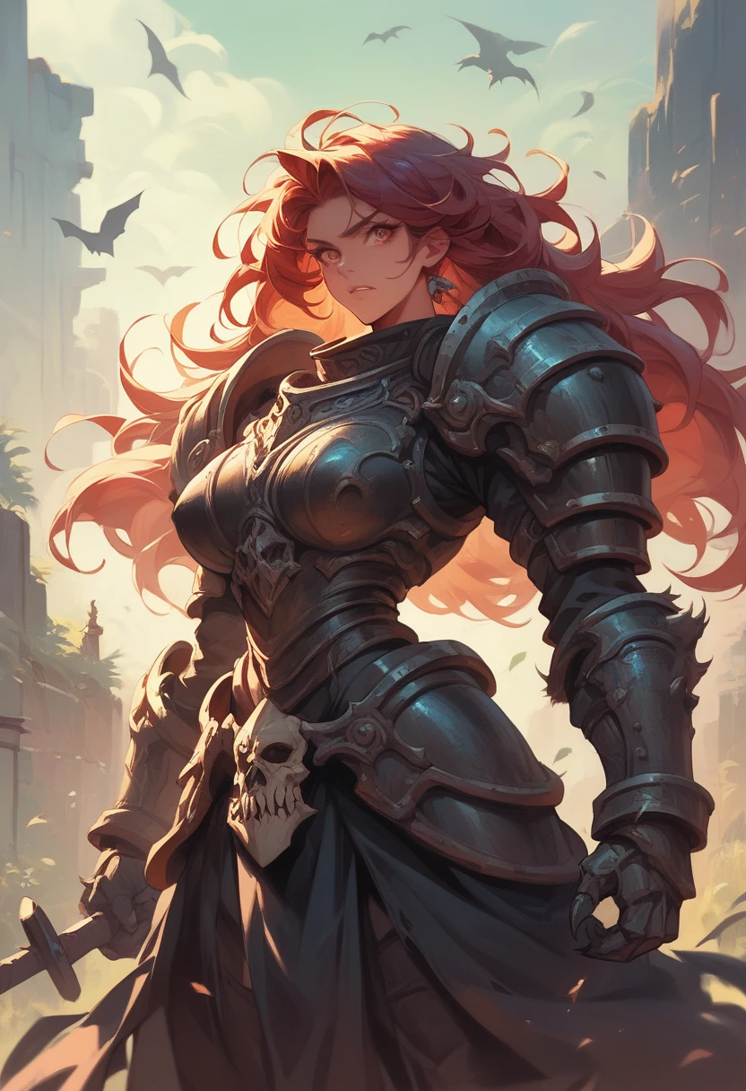 ８K、Very detailed、Black semi-long hair、Black full metal plate armor、Kill the Werewolf、grassland、woman