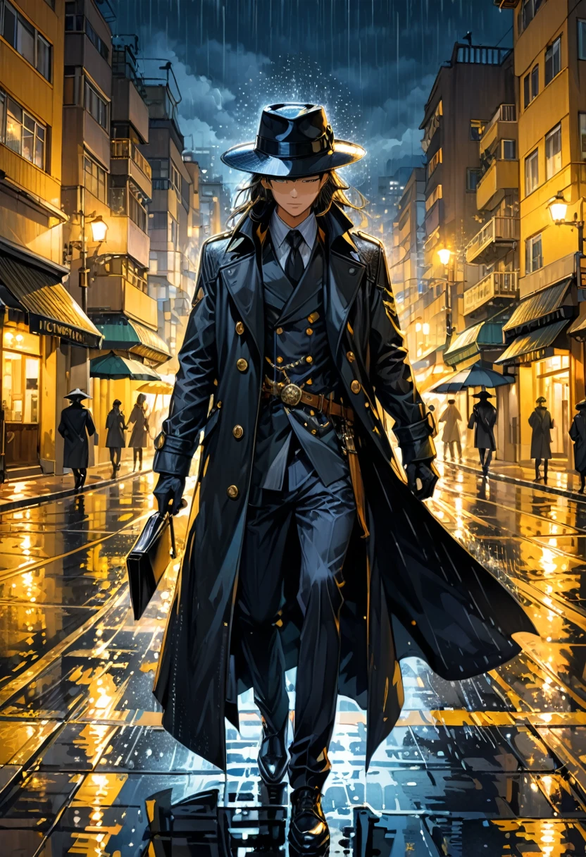 (Black Trench Coat), under dim yellow street lights, a figure wearing a black trench coat and a wide brimmed hat is walking on the street, with long water marks dragged out by the rain below. The background is a city street in the late night, (Photography), panoramic view, award-winning, cinematic still, emotional, vignette, dynamic, vivid, (masterpiece, best quality, Professional, perfect composition, very aesthetic, absurdres, ultra-detailed, intricate details:1.3)