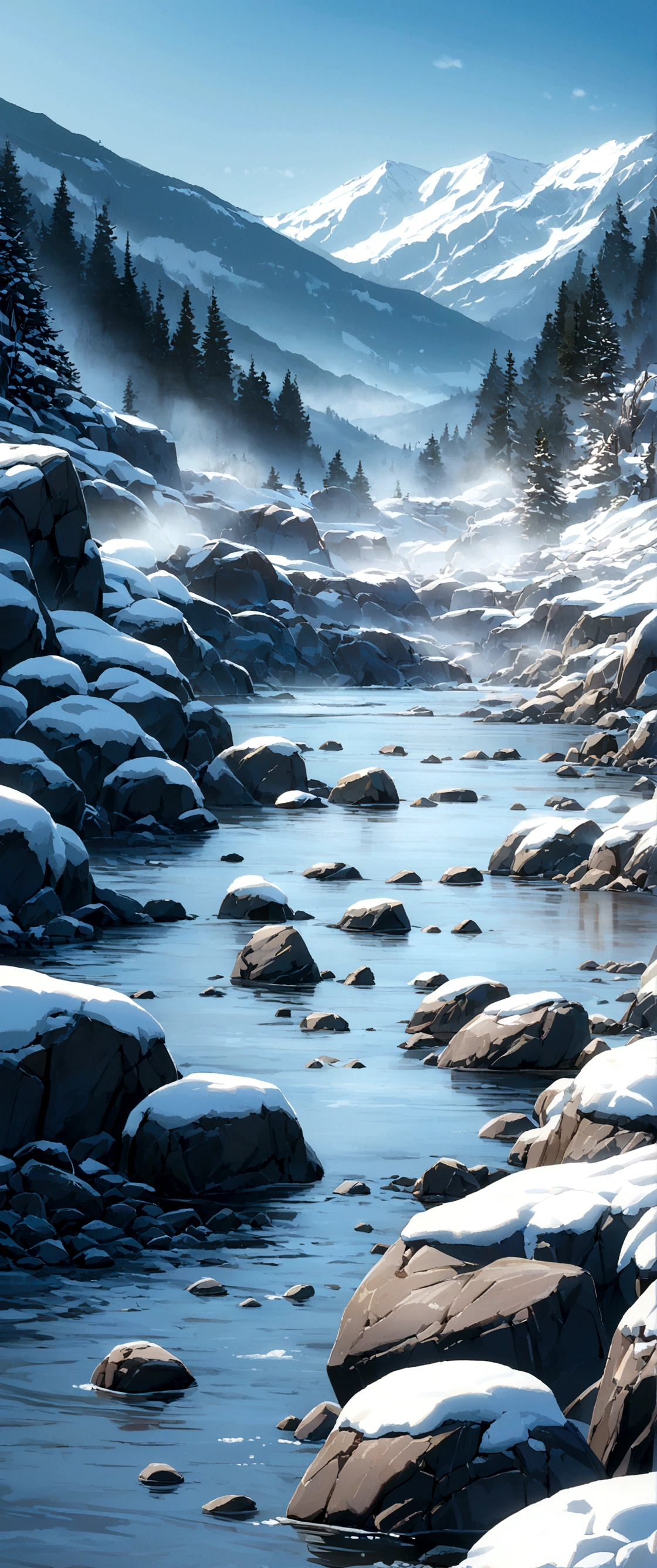 House in the mountains, River Big, Snow-covered rocks, Sharp focus, Very detailed, 8K. 50mm lens