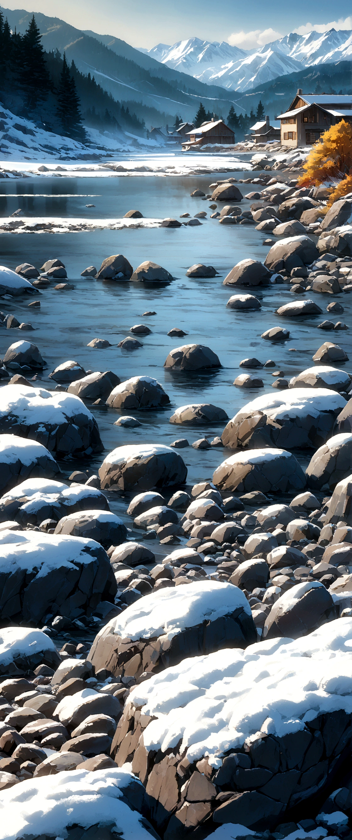 House in the mountains, River Big, Snow-covered rocks, Sharp focus, Very detailed, 8K. 50mm lens