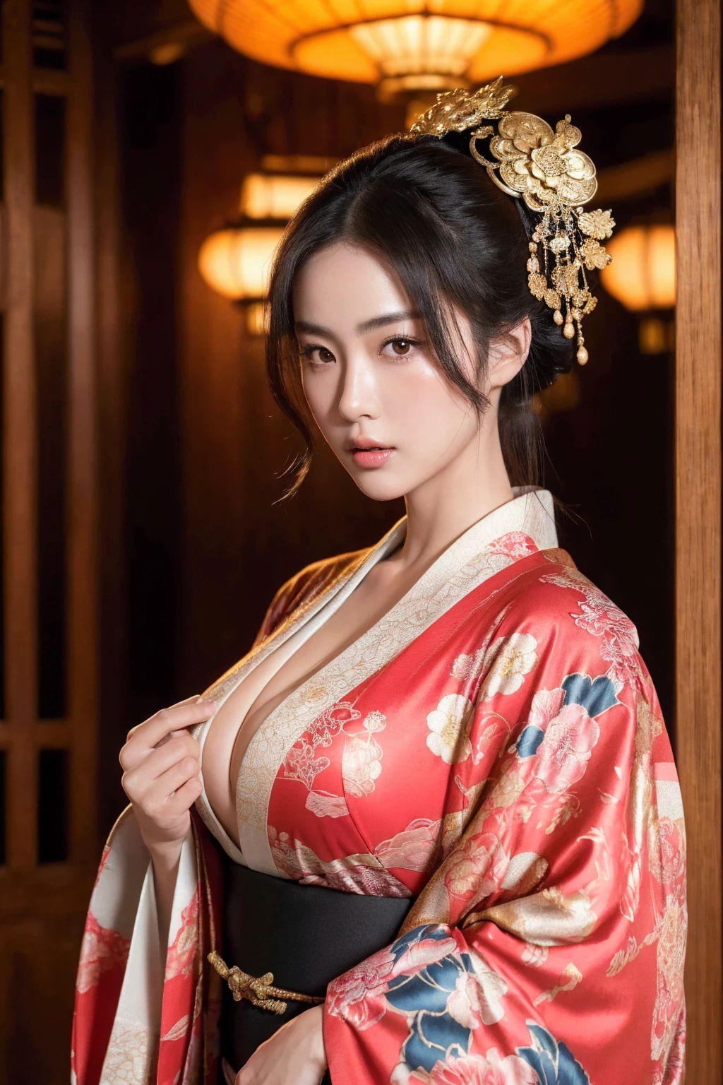 big breasted japanese woman wearing elaborate kimono, shrine, cinematic atmosphere, (best quality,4k,8k,highres,masterpiece:1.2),ultra-detailed,(realistic,photorealistic,photo-realistic:1.37),(looking at viewer),intricate details,beautiful ornate kimono,detailed facial features,detailed eyes and lips,elegant pose,dramatic lighting,vibrant colors,ornate background