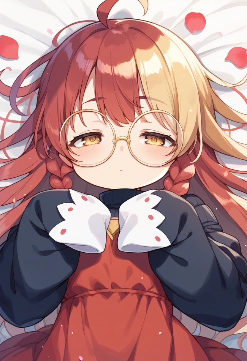 score_9, score_7_up, score_6_up, 1girl, source_cartoon, source_anime,breathtalking Scenery,watercolor,smooth soft skin, natural skin,anime screencap,mjm,rating_questionable
BREAK
(round glasses:1.5), (loli:1.6),ecru beige hair,(half closed eyes:1.1),beige eyes,kawaii,(highlight on eyes:1.1),(cute face:1.1),baby face,
BREAK
(sleeves past hands:1.6), (sleeves past wrists:1.3),(hands are hidden in sleeves:1.3),sleeves past fingers
BREAK
(excessive messy hair:1.4), excessive long messy hair with bed head, excessive long hair, antenna hair, (ahoge:1.2),sleepy,
BREAK
flower Jabot,flower corsage,Transparent colorful scales dress made of petals material,pink scales dress inspired by flower petals,(red scales dress fused with flower petals:1.5),warm colors turtleneck,