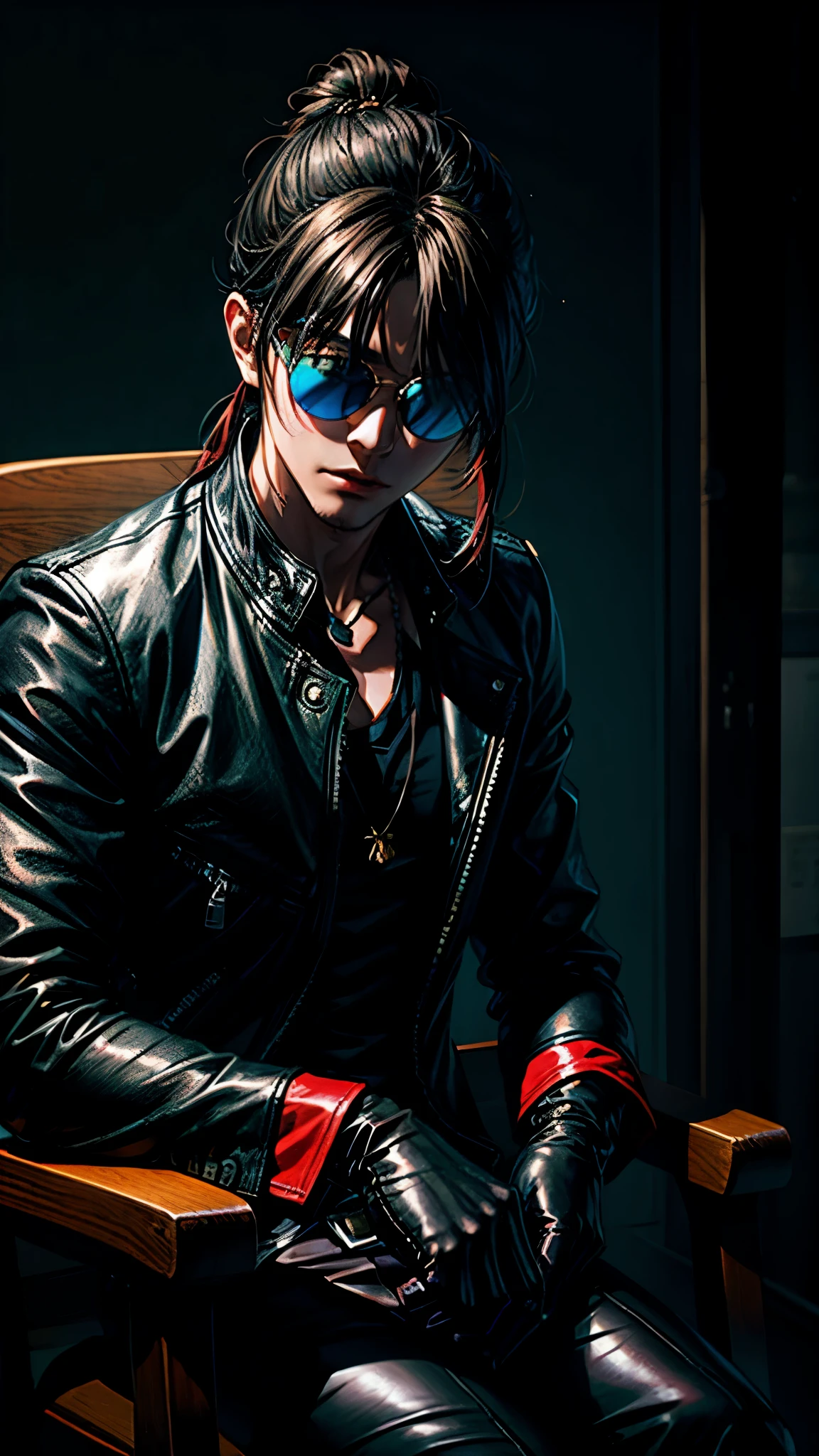 A stylish Korean man with long hair tied in a bun, wearing black round sunglasses, sitting on a chair in a dark setting, dynamic point of view, best quality, best color, very realistic, very detailed, dark clothes, very charismatic character, black leather gloves