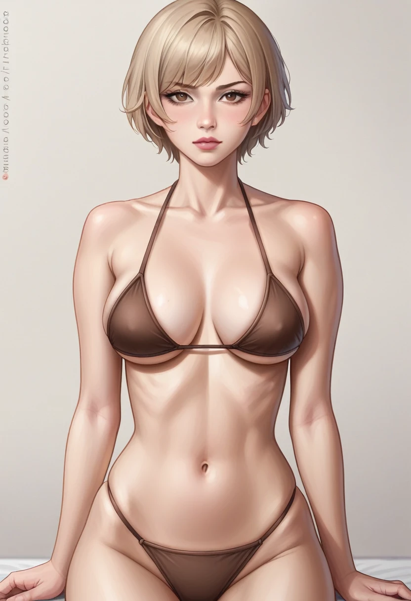 (Masterpiece:1.3), (8K, realistic, raw photos, Best picture quality: 1.4), Japanese girl、(Random hairstyle:1.2)、big breast,rift:1.2、Very detailed page、See Apartment Detail、Double eyelids、Sharp focus:1.2、beautiful woman:1.4、light brown hair、Highest quality、Masterpiece、Ultra high resolution、(realistic:1.4)、A highly detailed and professional smile brown bikini、Beautiful navel,Beautiful belly、Serious expression、short hair、dangerous position