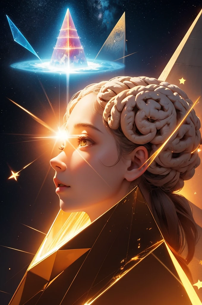 create an image of a person with a human brain in their hand, with energy rays, stars and pyramid