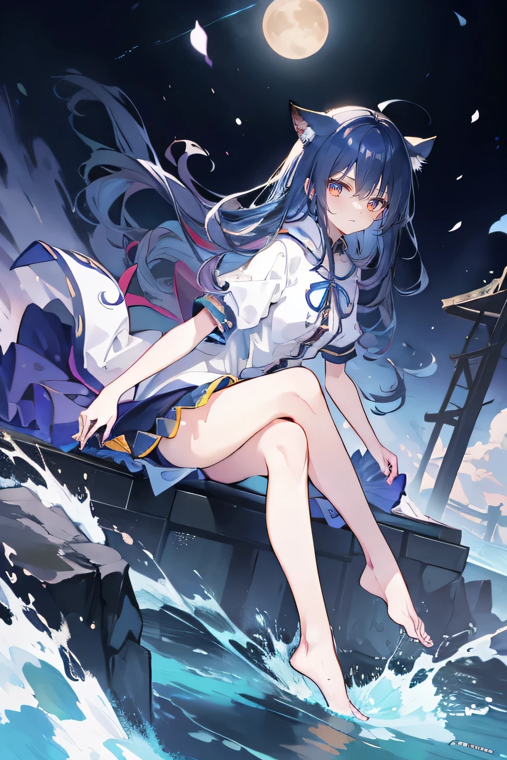 （masterpiece：1.2），Super detailed，lifelike，Expressive eyes，fair skin，perfect face shape，1 girl，
Japanese comics,Gorgeous blue hair,flowing blue hair,flowing clothes,Cat ears,Petals fall,beautiful lola,Baby Angel,sunrise,
Shaking head with one hand，Cross your legs，Gentle and peaceful background，The pavilion is cool and comfortable,smile, wearing hoodie, background of tokyo,back views,snowing, winter，seaside，wet clothes，A smile，A faint smile，。dark blue gradient hair,asymmetrical hair,（（Hair is very thick 1.8，Chiseled hair 1.6））， Hair over the shoulders, Messy hair, Very long hair, shiny hair，(long dark blue hair:1.2),A beautiful girl，（Transparent clothes transparent 1.8），Perfect body，Big thin legs，slender，(Looks very sad，Looks haggard ，sadness，shut your mouth：1.2） Against the backdrop of an unusually bright dark starry sky，（Put your hands behind your back），（round,Room, Strong breasts），barefoot，float，water surface，（long legs，long legs，long legs，Complete）