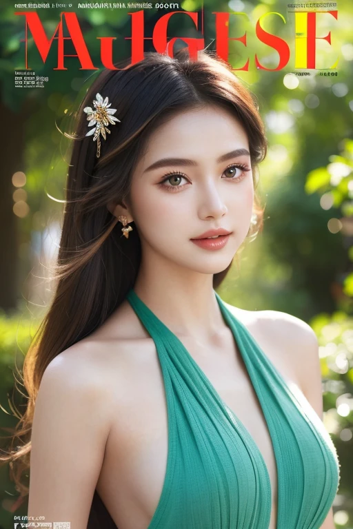 (best quality, highres, masterpiece:1.2), vibrant summer outfit, magazine cover, beautiful detailed eyes, stylish hair, outdoor setting, upper body, sunlight-filtered through trees, bokeh, warm color tones, confident pose, fashionable accessories, trendy makeup, natural lighting, subtle breeze