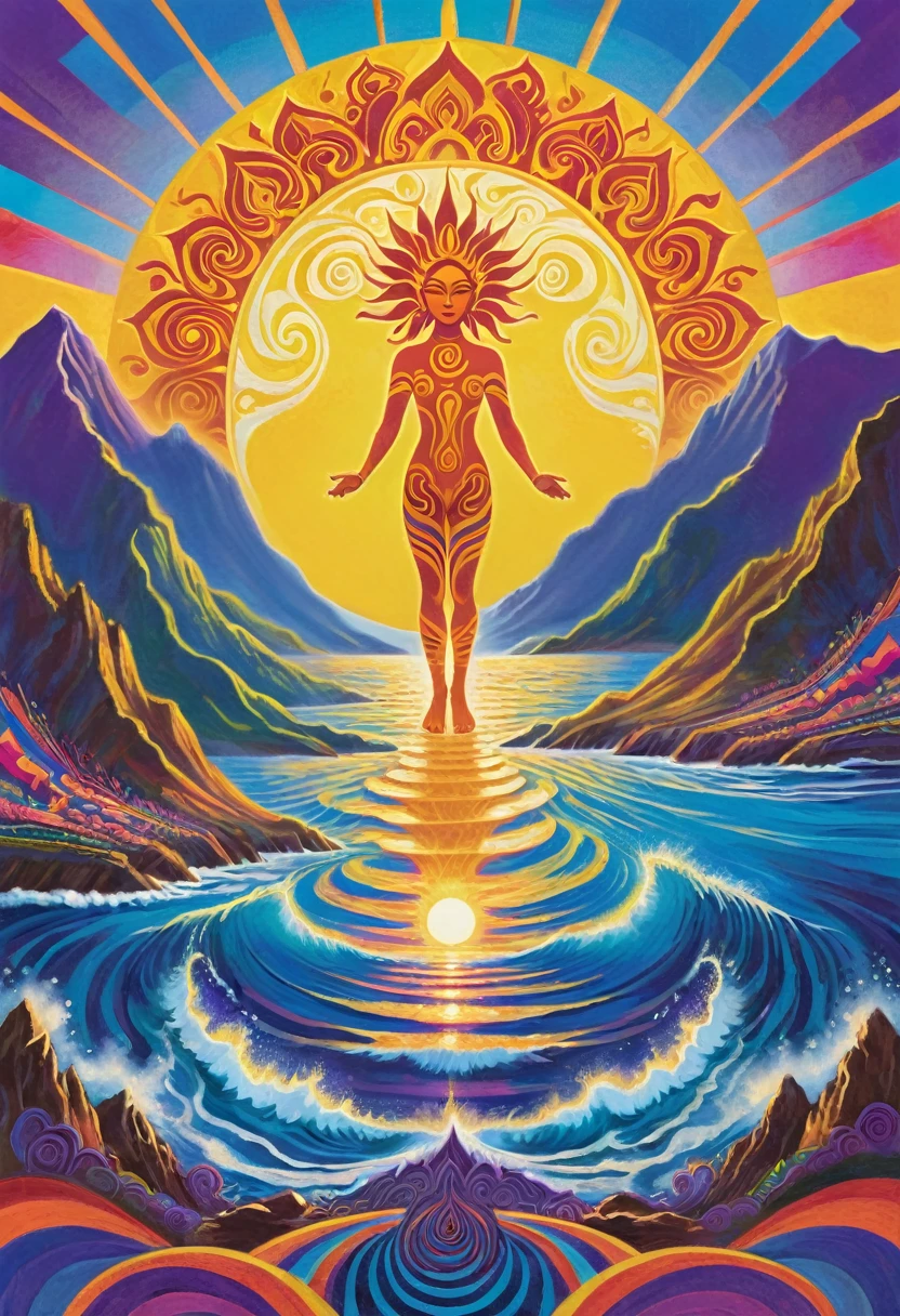 album cover with modern and minimalist frame, orange human figure emerging from the blue sea and rising to the violet skies, yellow inca sun in the upper background, mountains in the lower background, swirly vibrant colors, psychedelic art,Latin American tribal aesthetic