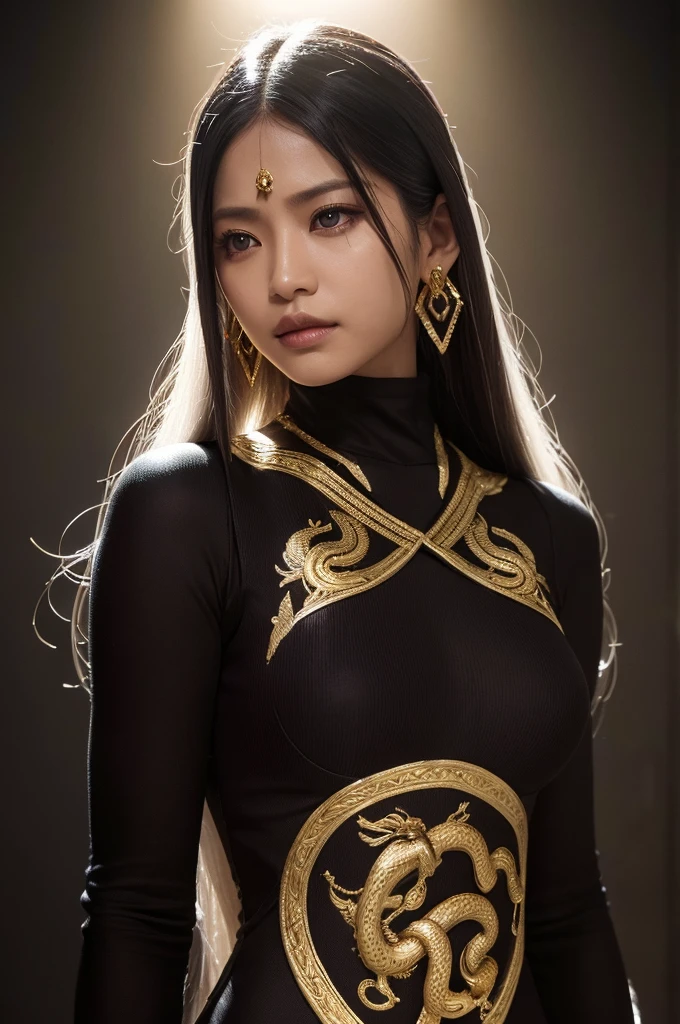 A with pure white straight hair, Dark Skin, Latin ancestors, Purple Iris, Wearing a black leotard suit with gold thread、She wears gold earrings in the shape of snakes. Fine grain, Detailed face, Complex grunge costumes, Cinema Lighting, Realistic concept art with strong backlighting.