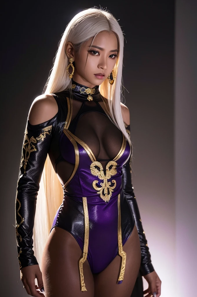 A with pure white straight hair, Dark Skin, Latin ancestors, Purple Iris, Wearing a black leotard suit with gold thread、She wears gold earrings in the shape of snakes. Fine grain, Detailed face, Complex grunge costumes, Cinema Lighting, Realistic concept art with strong backlighting.