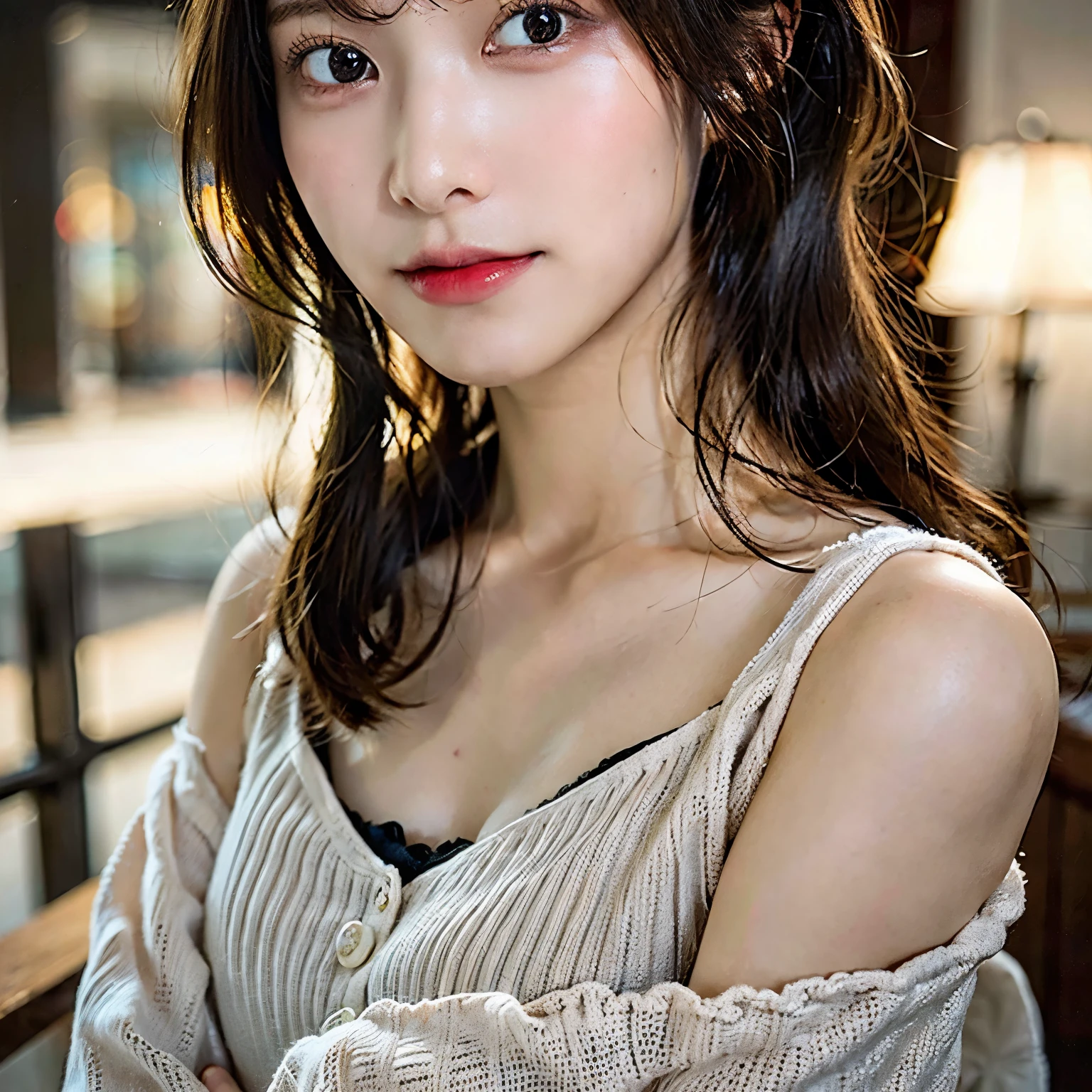 (masterpiece:1.3), (8K, Photorealistic, Raw photo, Best image quality: 1.4), Japanese schoolgirl、(Random Hairstyles:1.2)、Cleavage:1.2、Super detailed face、Attention to detail、double eyelid、Put your chest together、Sharp focus:1.2、Beautiful woman:1.4、Light brown hair、Highest quality、masterpiece、Ultra-high resolution、(Photorealistic:1.4)、Highly detailed and professionally lit smile、Loose, lightweight knitwear、Shoulder out、thin、Serious expression、Short-haired、Deadly position