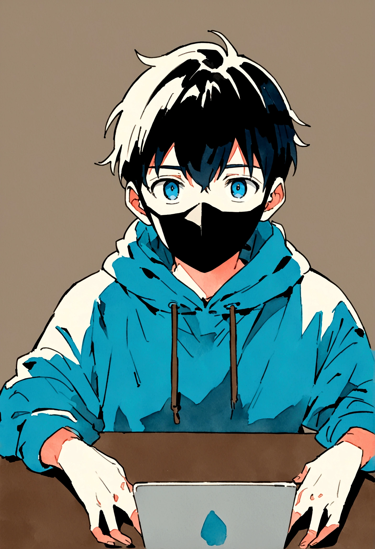 Friendly looking male business character, position front, anime style who is wearing a black mask, a blue hoodie, he is facing the camera, looking straight and centered, center portrait, sitting straight, front view, his hands are on the table, next to the laptop centered looking straight,  gouache illustration, neon with 8k resolution --ar 16:9