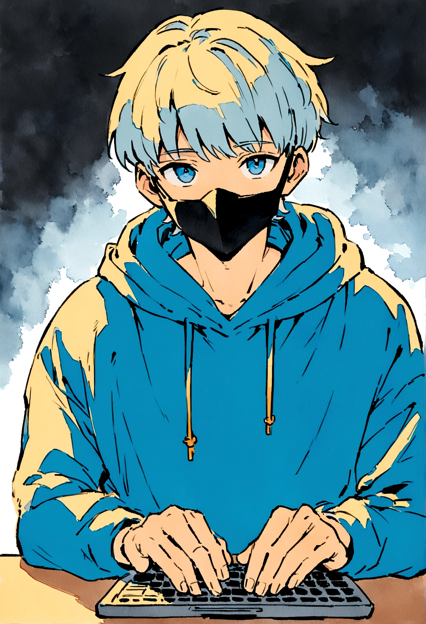 Friendly looking male business character, position front, anime style who is wearing a black mask, a blue hoodie, he is facing the camera, looking straight and centered, center portrait, sitting straight, front view, his hands are on the table, next to the laptop centered looking straight, gouache illustration, neon with 8k resolution --ar 16:9