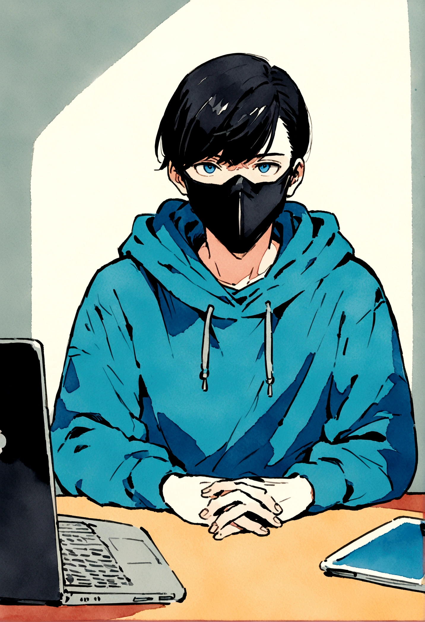 Friendly looking male business character, position front, anime style who is wearing a black mask, a blue hoodie, he is facing the camera, looking straight and centered, center portrait, sitting straight, front view, his hands are on the table, next to the laptop centered looking straight,  gouache illustration, neon with 8k resolution --ar 16:9