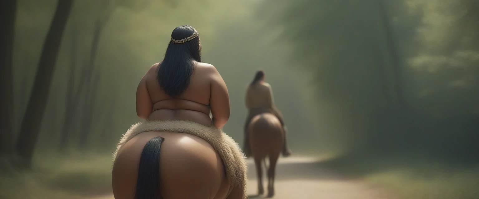 ((masterpiece)), ((best quality)), ((highres)), ((extremely detailed)), ((long shot, back view)), 1 black skinned large BBW girl as Pocahontas costume, full body, Beautiful Native American woman, mature woman, Big breast, (super realistic), (peerless beauty), detailed skin texture, detailed cloth texture, beautiful detailed face, intricate details, ultra detailed, indigenes feather jewelry, feather headdress, traditional handmade dress, (((riding on a huge fat Clydesdale horse))), (((road in the middle of the sparse wood))), ultra realistic, concept art, elegant, ((intricate)), ((highly detailed)), depth of field, ((professionally color graded)), cool ambient lighting, bright midday sun, (Best quality, A high resolution, Photorealistic, primitive, 8K,Masterpiece, ),Best quality, Masterpiec8K.hdr, (vivd colour:1.10). whole of horse and rider in full complete side view