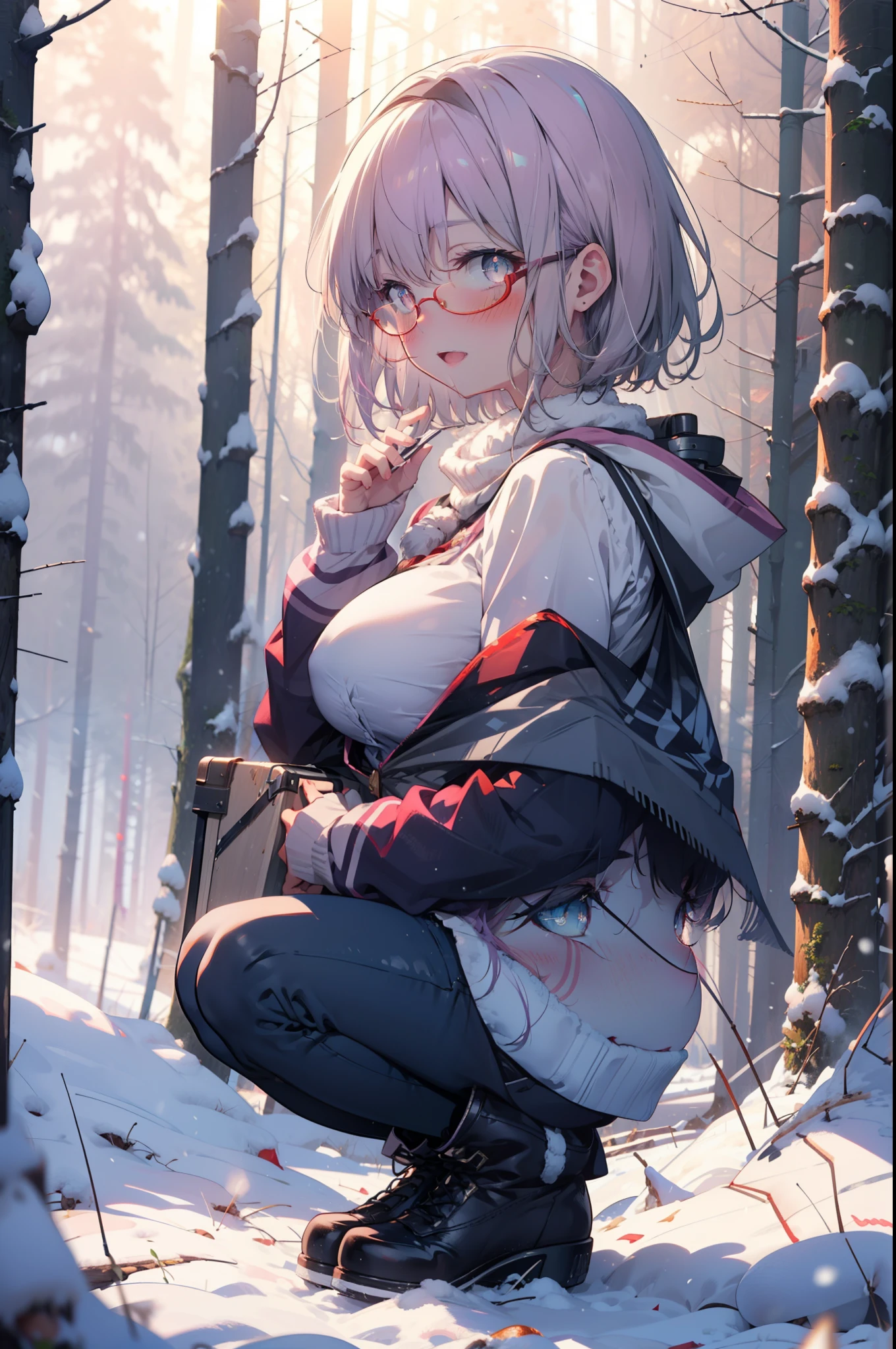 akaneshinjou, shinjou akane, Light purple hair, (Pink Eyes:1.2), short hair,Akagi Glasses,hair band,smile,blush,White Breath,Big Breasts,
Open your mouth,snow,Ground bonfire, Outdoor, boots, snowing, From the side, wood, suitcase, Cape, Blurred, having meal, forest, White handbag, nature,  Squat, Mouth closed, Cape, winter, Written boundary depth, Black shoes, red Cape break looking at viewer, Upper Body, whole body, break Outdoor, forest, nature, break (masterpiece:1.2), Highest quality, High resolution, unity 8k wallpaper, (shape:0.8), (Beautiful and beautiful eyes:1.6), Highly detailed face, Perfect lighting, Highly detailed CG, (Perfect hands, Perfect Anatomy),