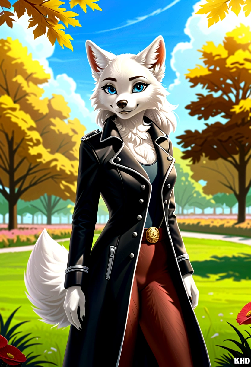 Hairy Women, arctic fox, mammal, A beautiful furry fox girl is standing in a park posing against, She looks at the audience and smiles, Black Trench Coat, looking off to the side, Field of view, sky空, sky, Beautiful blue eyes, Award-winning illustrations|Popular on ArtStation, masterpiece|highly detailed|best quality|HD|8K|uHD|intricate details|extreme_detail