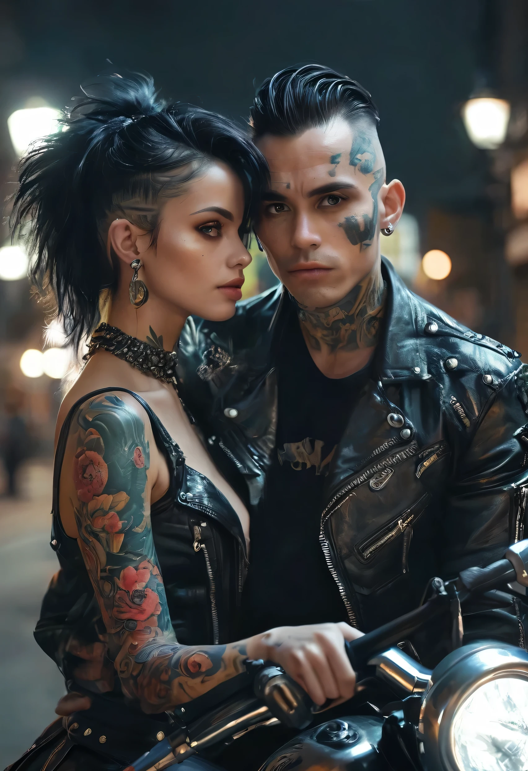 8 k, Best quality, masterpiece, Ultra high resolution, (Realism: 1.4), original photo, (realistic skin texture: 1.3), (Granularity: 1.3),  girl and guy dark style punks couple in love couple on a motorcycle facial details, masterpiece, Best quality, look at the viewer at night