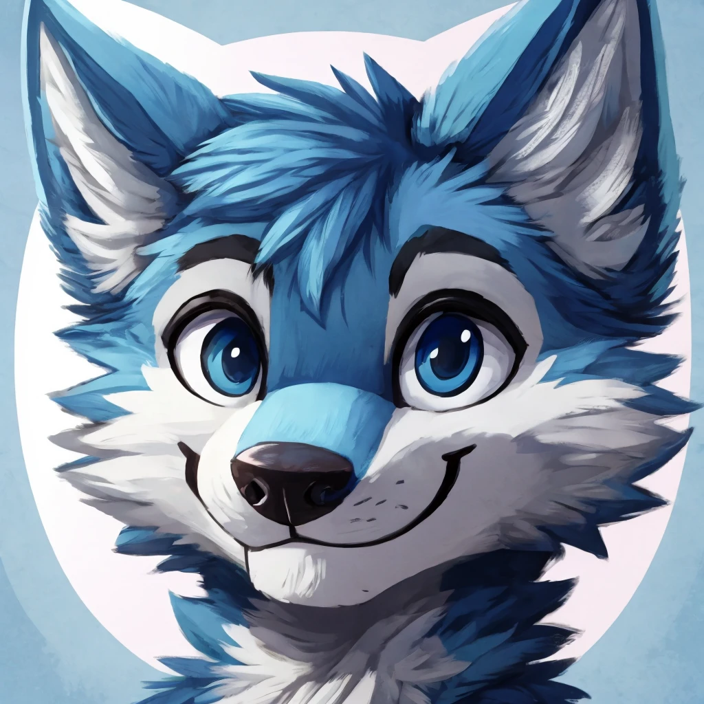 a close-up of a anthropomorphic blue colored wolf, closed smile, high quality furry art, high quality furry ref, cute.