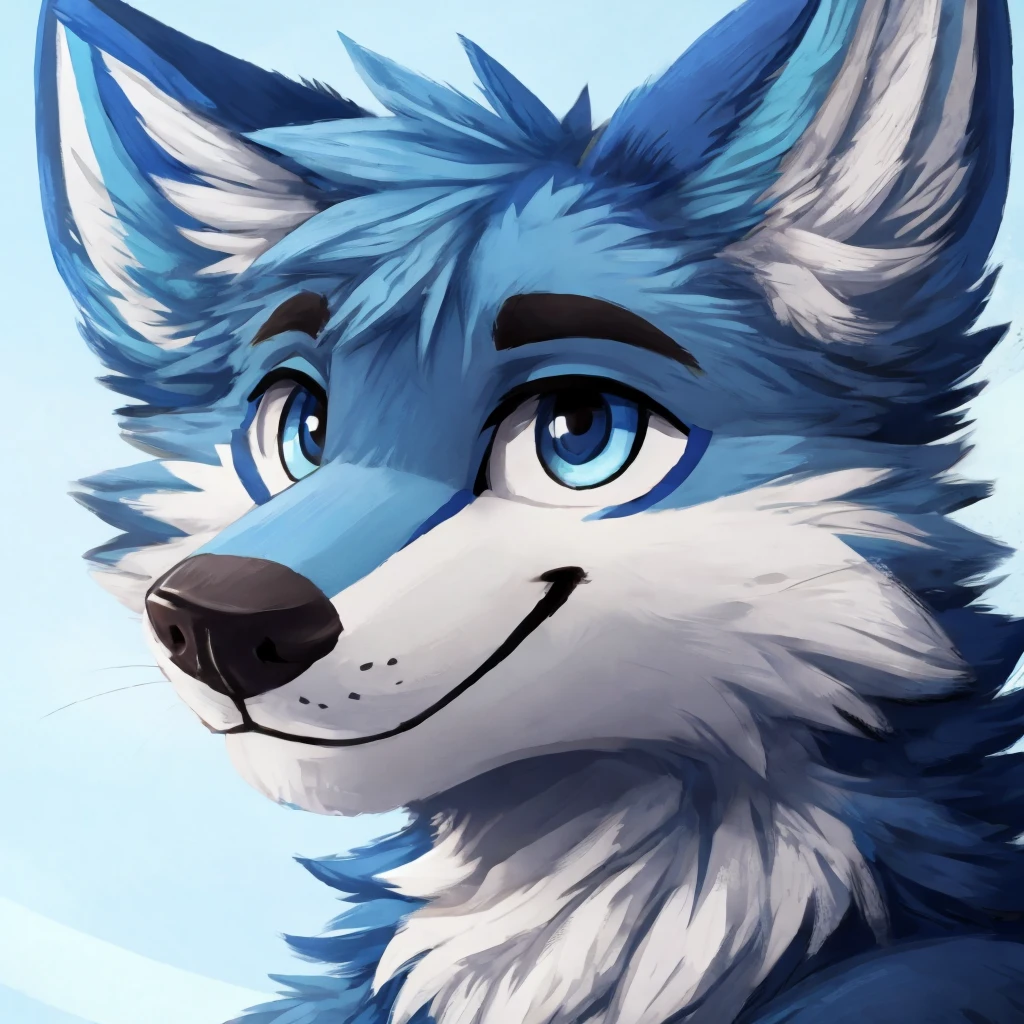 a close-up of a anthropomorphic blue colored wolf, closed smile, high quality furry art, high quality furry ref, cute.