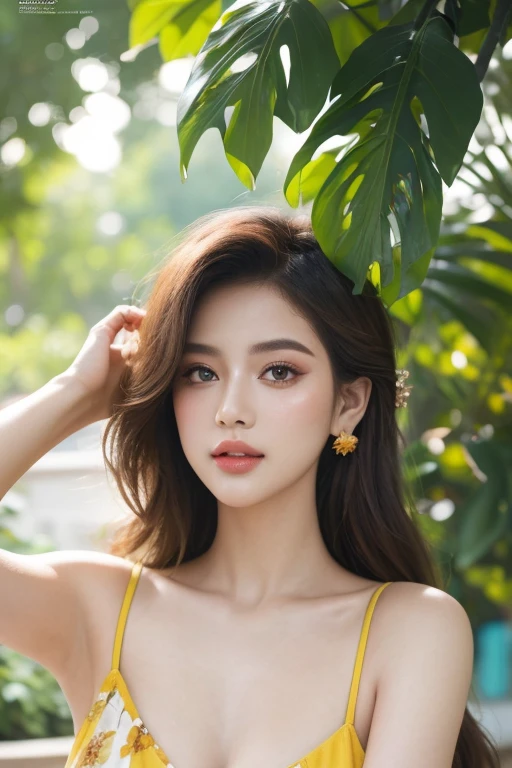 (best quality, highres, masterpiece:1.2), vibrant summer outfit, magazine cover, beautiful detailed eyes, stylish hair, outdoor setting, upper body, sunlight-filtered through trees, bokeh, warm color tones, confident pose, fashionable accessories, trendy makeup, natural lighting, subtle breeze
